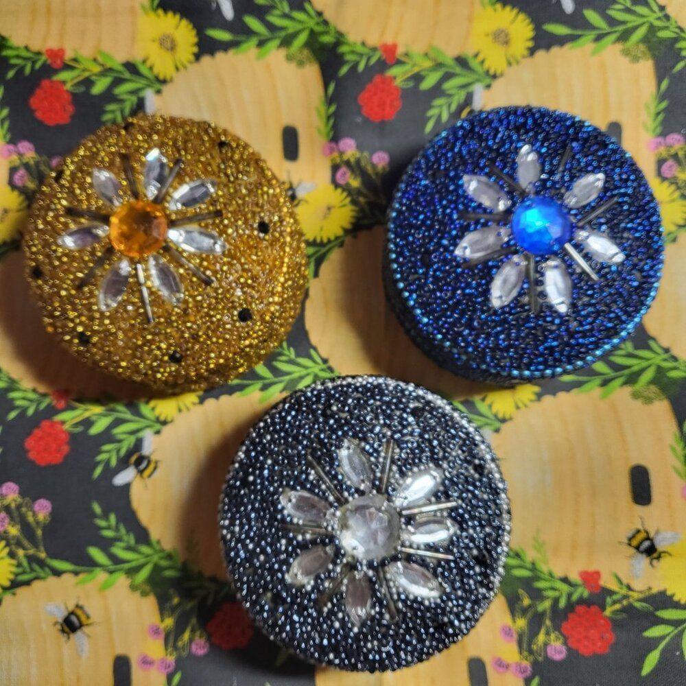 Mosaic Round Beaded Rhinestone Tin Trinket Box PICK A COLOR
